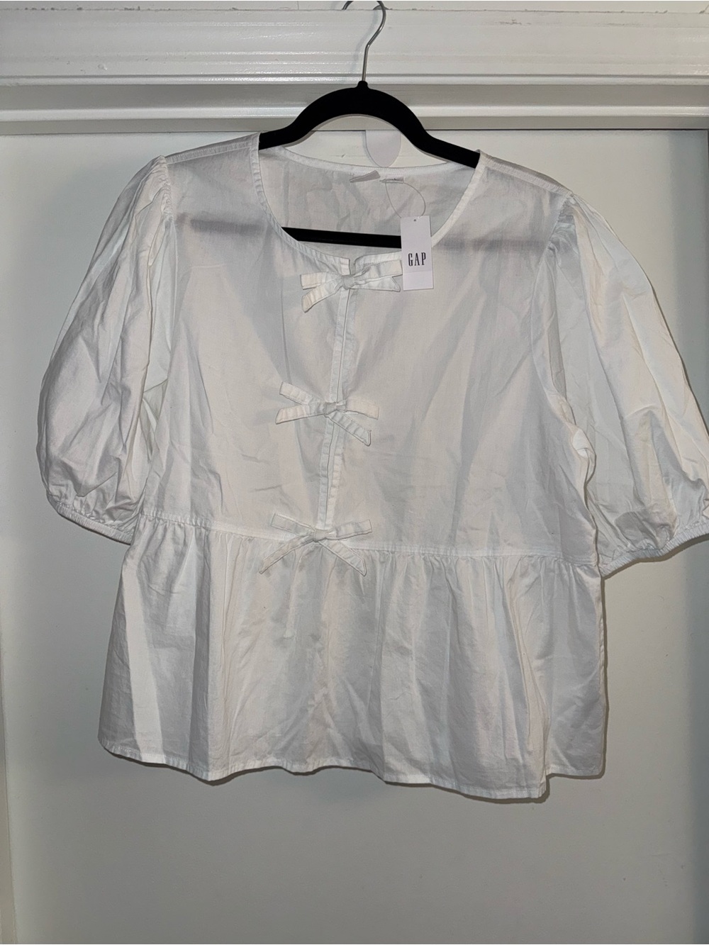 GAP White Peplum Bow-Tie Puff Sleeve Blouse